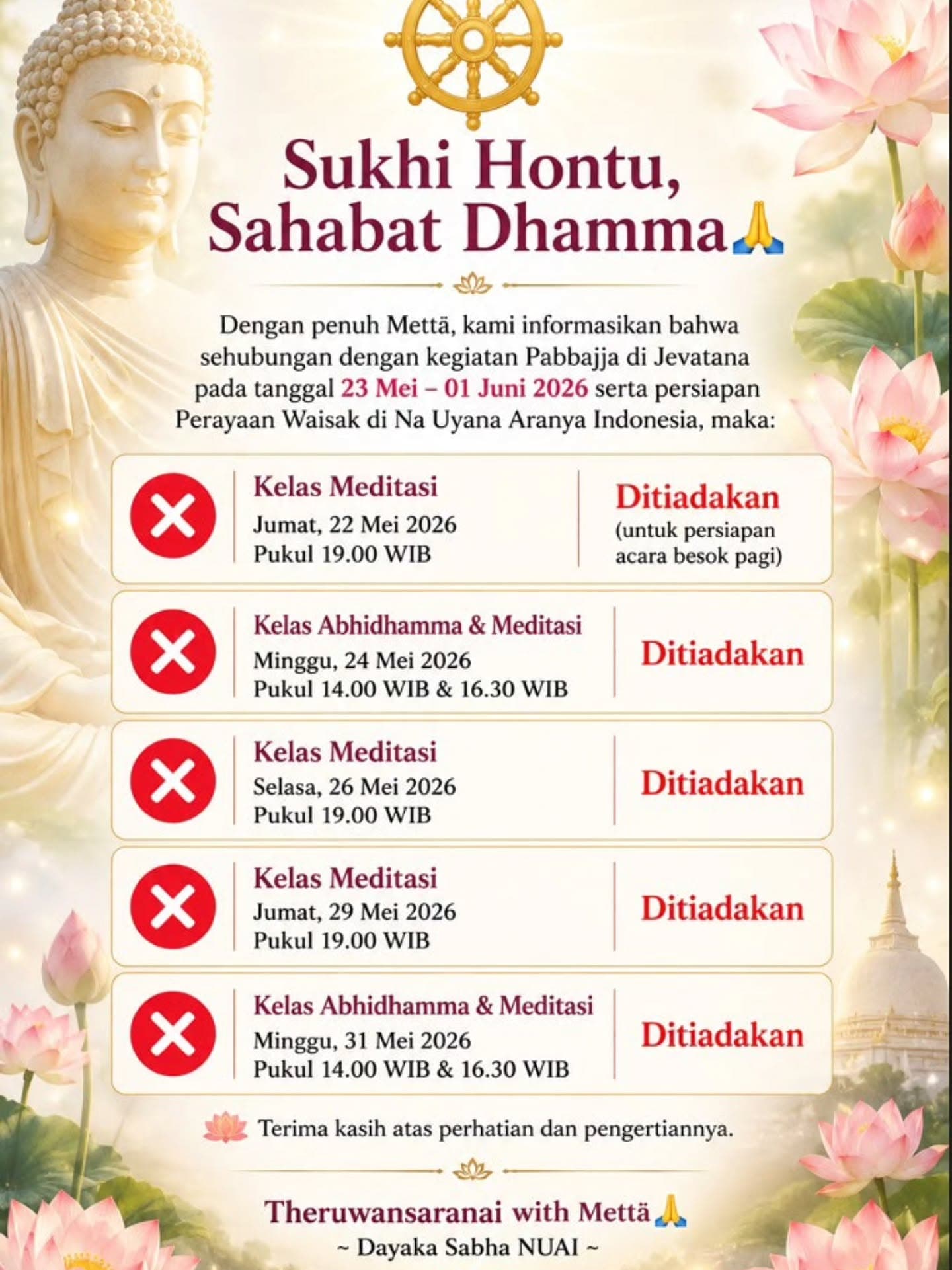 Gambar pengumuman: Kelas Meditasi dan Abhidhamma Ditiadakan (22-31 Mei 2026)