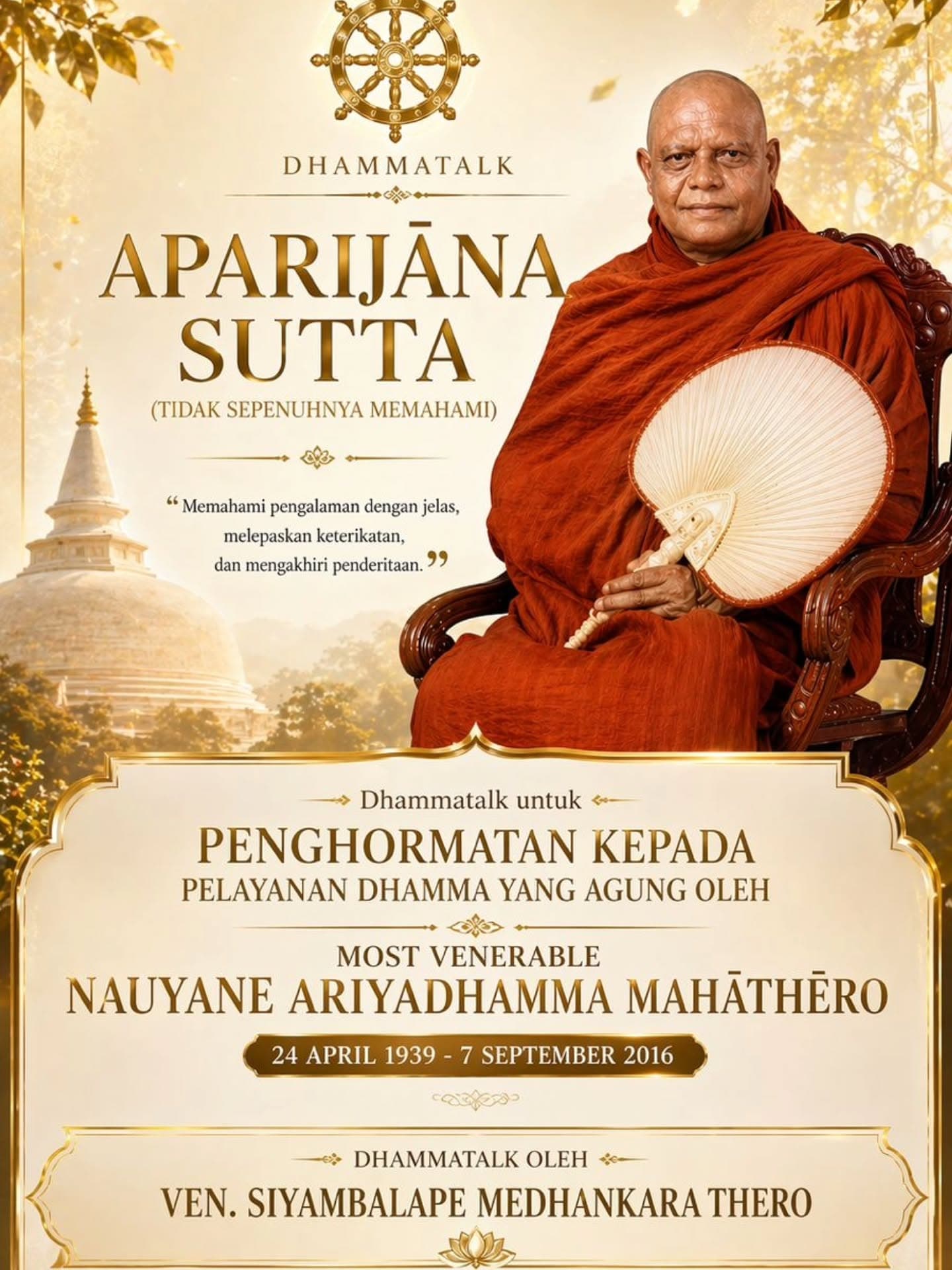 Gambar acara Dhammatalk: Aparijana Sutta (Tidak Sepenuhnya Memahami)