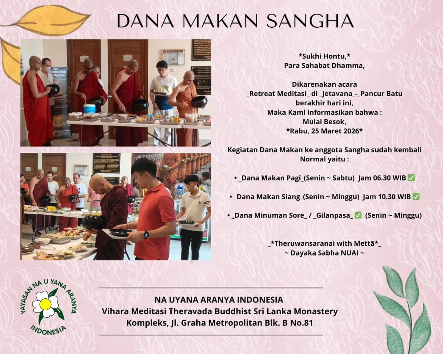 Gambar pengumuman: Jadwal Dana Makan Sangha Kembali Normal